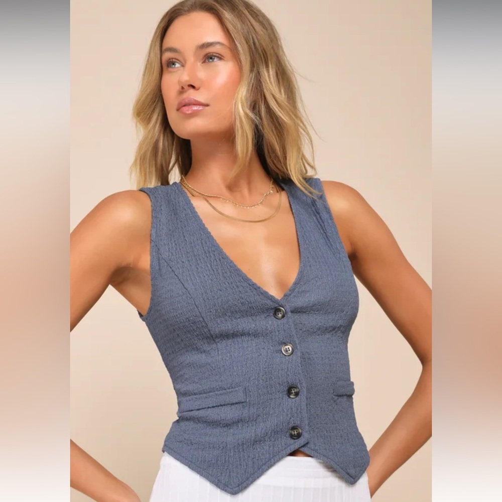 True Charm Dark Blue Textured Lace-Up Sleeveless Vest Top Large NWT
